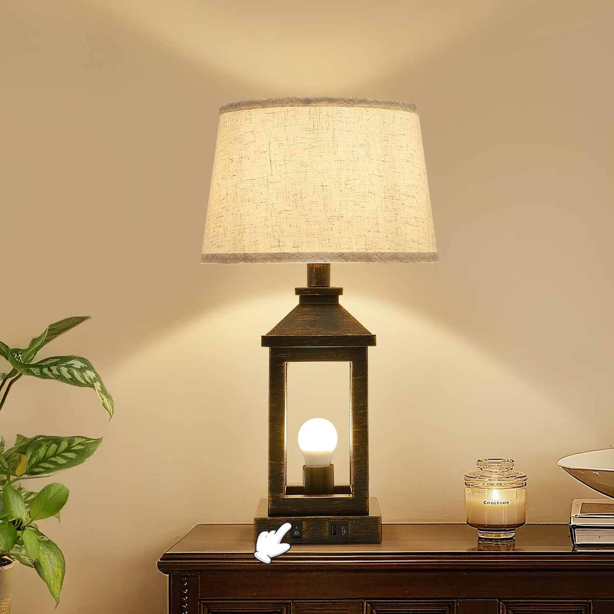 Dimmable Black Gold Farmhouse Table Lamp with USB Ports