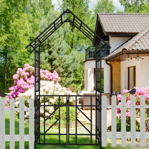 Metal Garden Arch with Gate - Black Climbing Plant Support