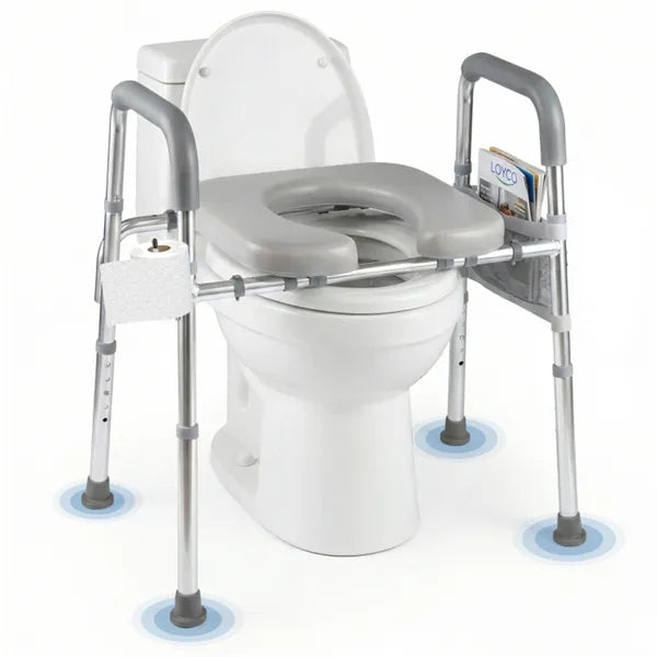 Adjustable Raised Toilet Seat with Armrests & Storage Pouch - 300LBS Capacity