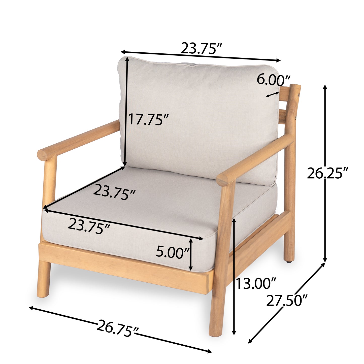Patio Acacia Wood Club Chair With Water-resistant Cushion, Teak Beige