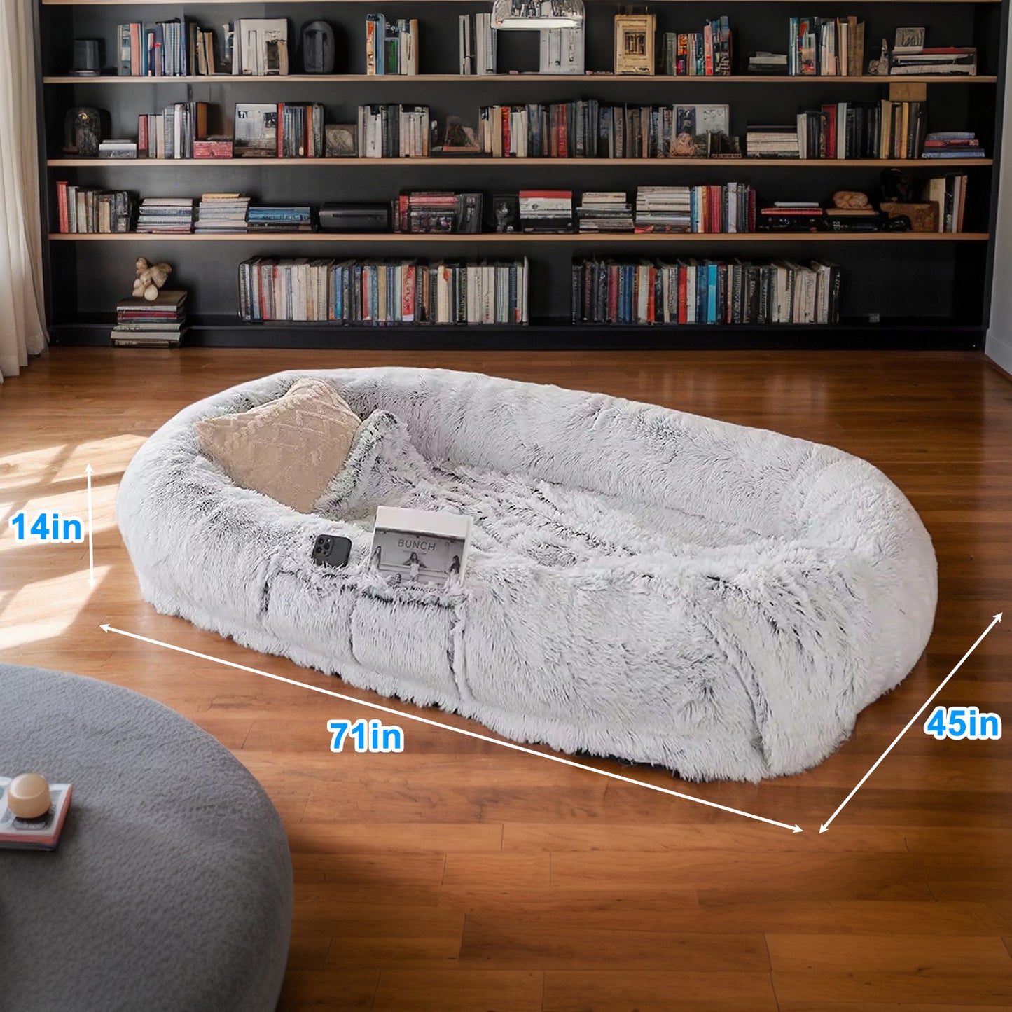 Large Human Dog Bed - Washable Faux Fur Napping Orthopedic Bed for People and Pets, 71x45x14 Grey