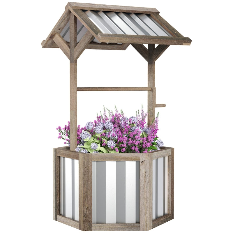 Wooden Wishing Well Planter, Raised Garden Bed With Galvanized