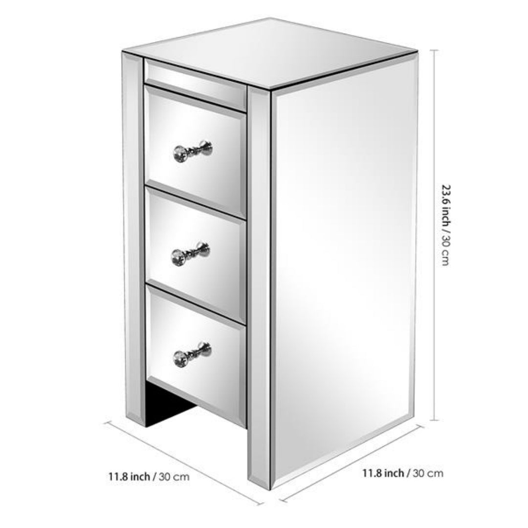 Mirrored Glass Bedside Table with 3 Drawers - Silver