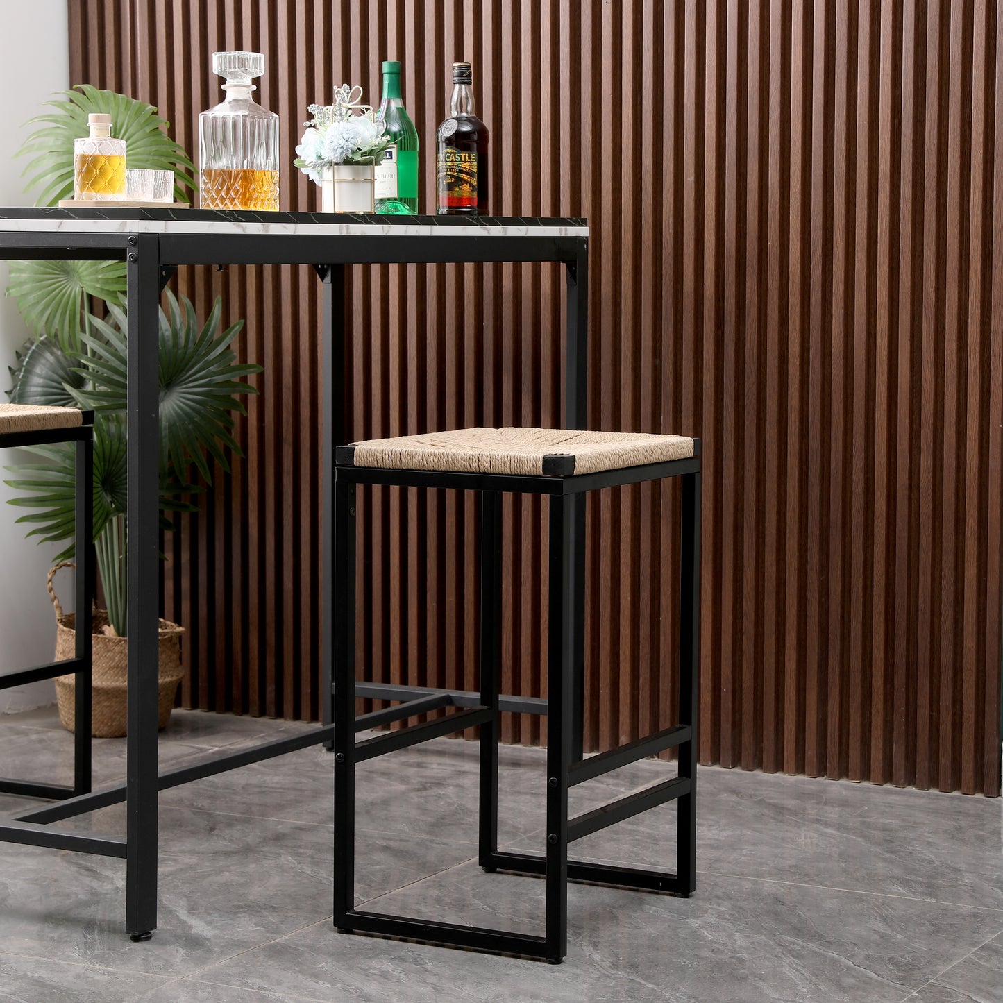 Set of 2 Backless Bar Stools - Natural Paper Rope Woven Chairs