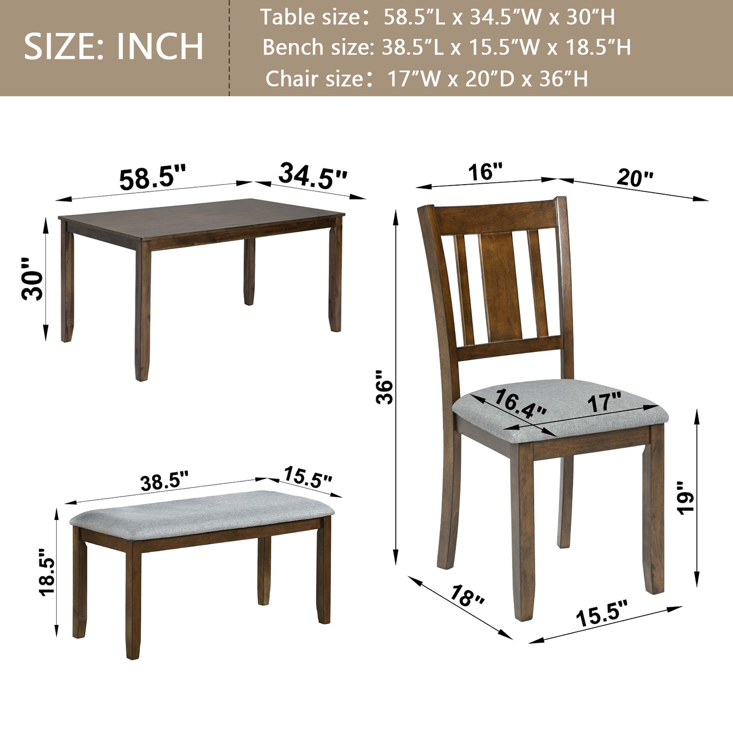 6-Piece Wooden Dining Set with Upholstered Chairs & Bench - Walnut