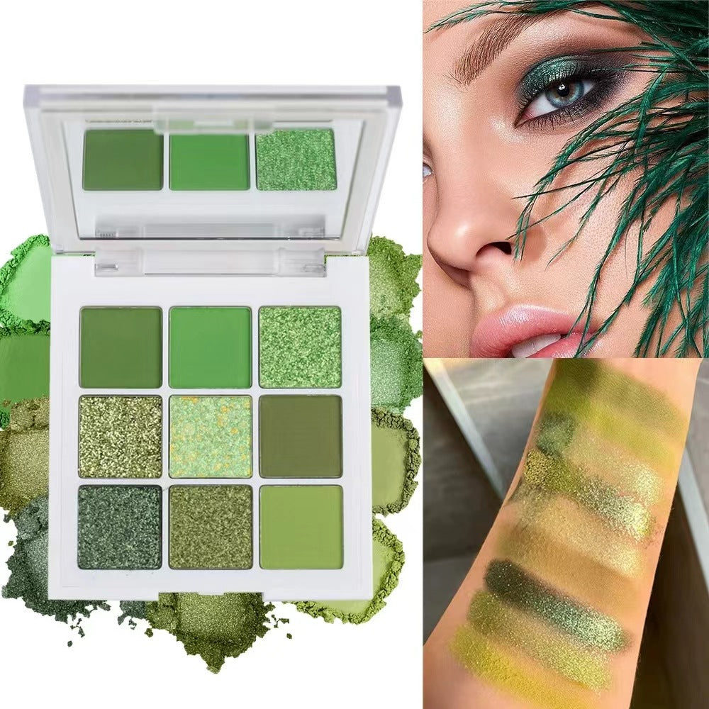 9-Color Green Eyeshadow Palette - Matte, Shimmer & Glitter Finish