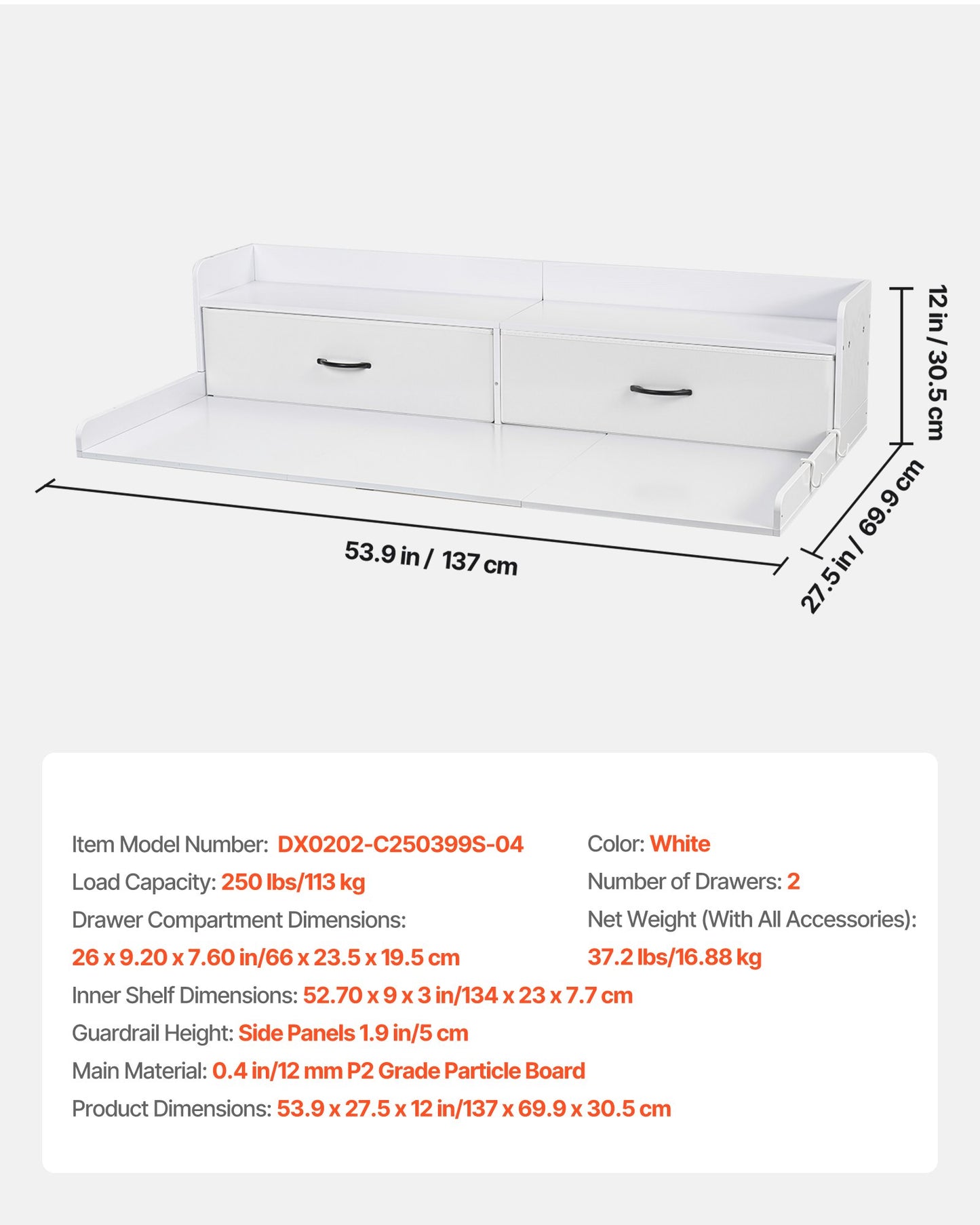 Washer Dryer Countertop with Shelf and Drawers - Laundry Storage, White