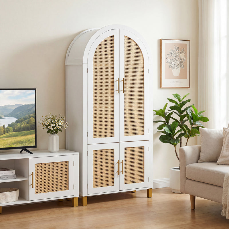 White Arched Rattan Cabinet with Adjustable Shelves - 4 Doors