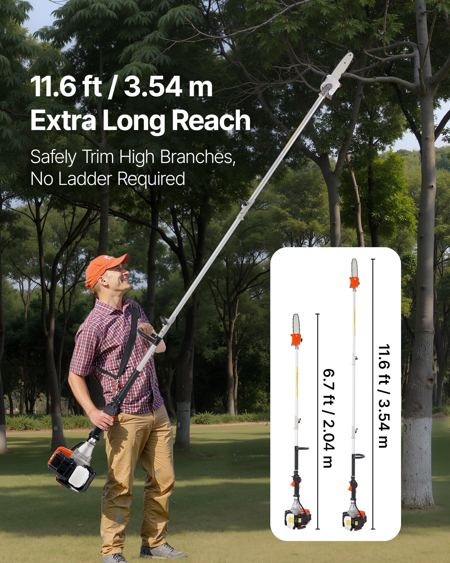 Gas Pole Saw 33cc 2-Stroke Extendable Cordless Tree Trimmer with 8-In Bar