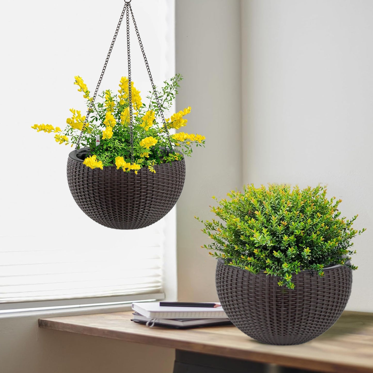 13.4 Inch Self-Watering Hanging Rattan-Inspired Planter Large