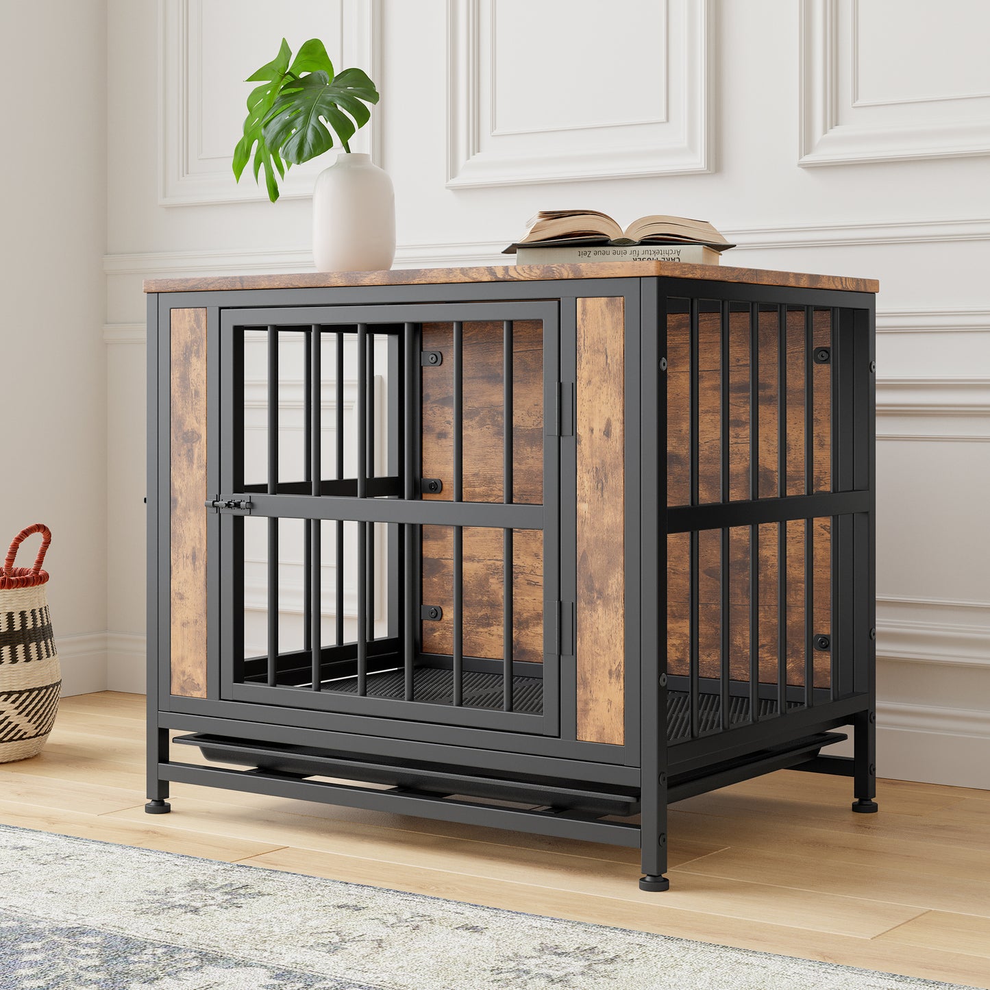 Wooden Dog Crate Table with 2 Sliding Doors - Rustic Brown