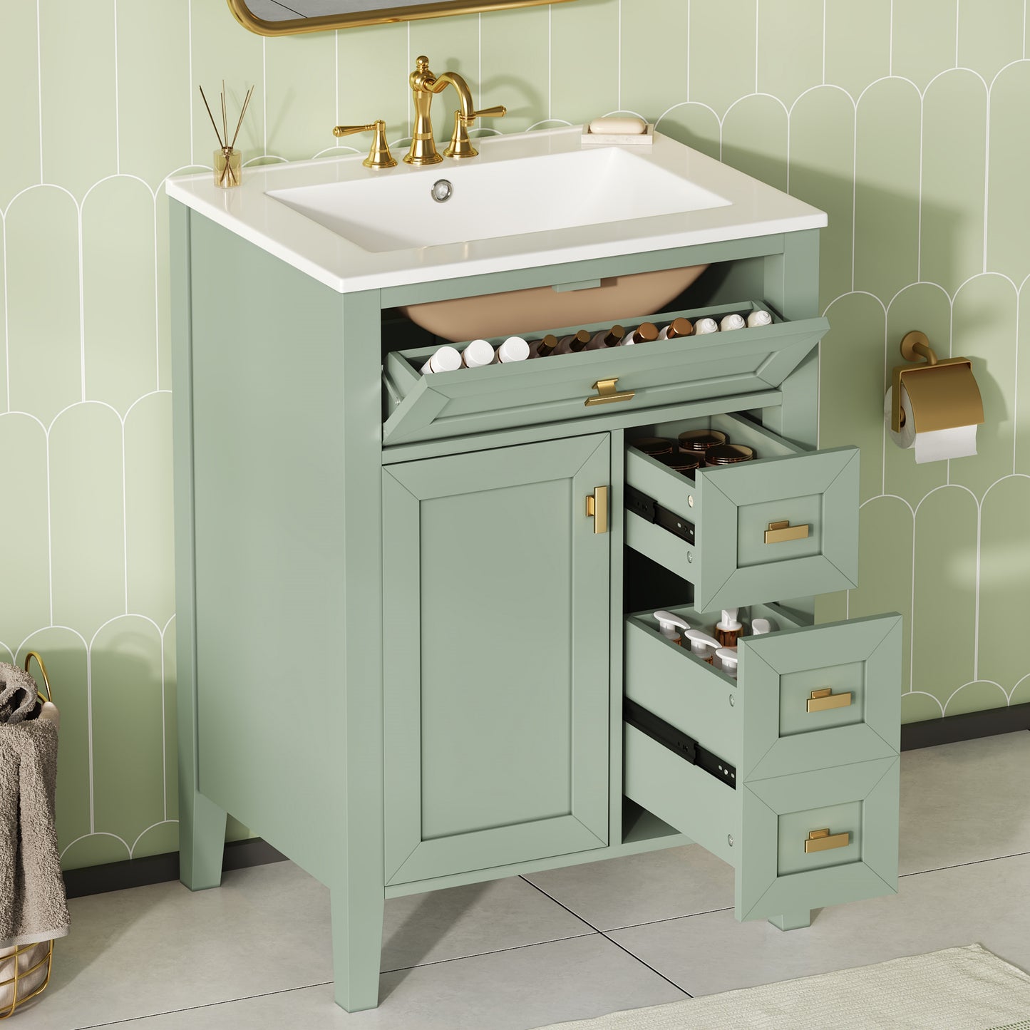 24'' Green Bathroom Vanity with Sink - Modern MDF & Rubberwood