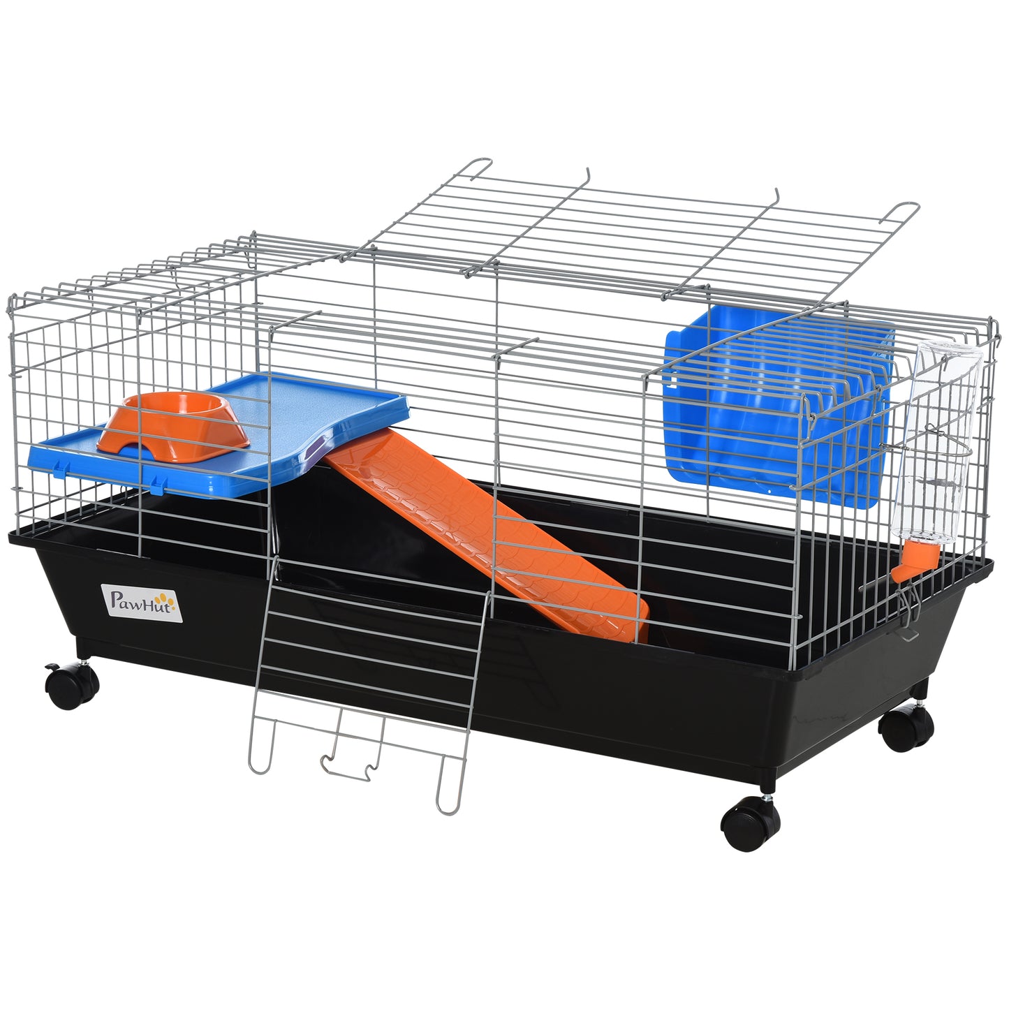 Small Animal Cage with Food Dish Water Bottle and Ramp - Black, 35 Inches