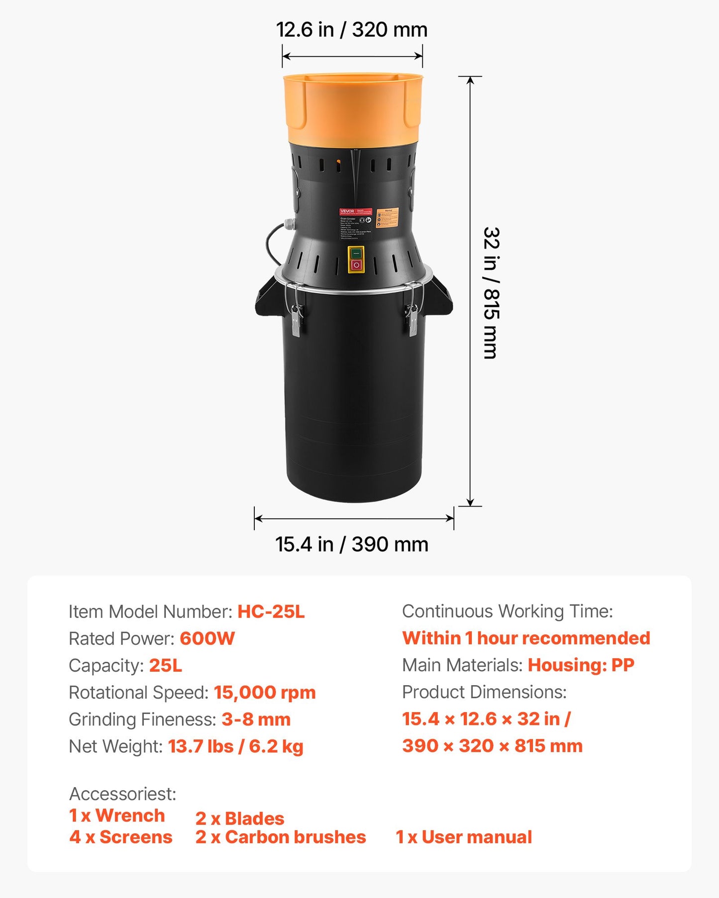 Electric Grain Mill Grinder 600W High Power Spice & Cereal Pulverizer with Adjustable Screens