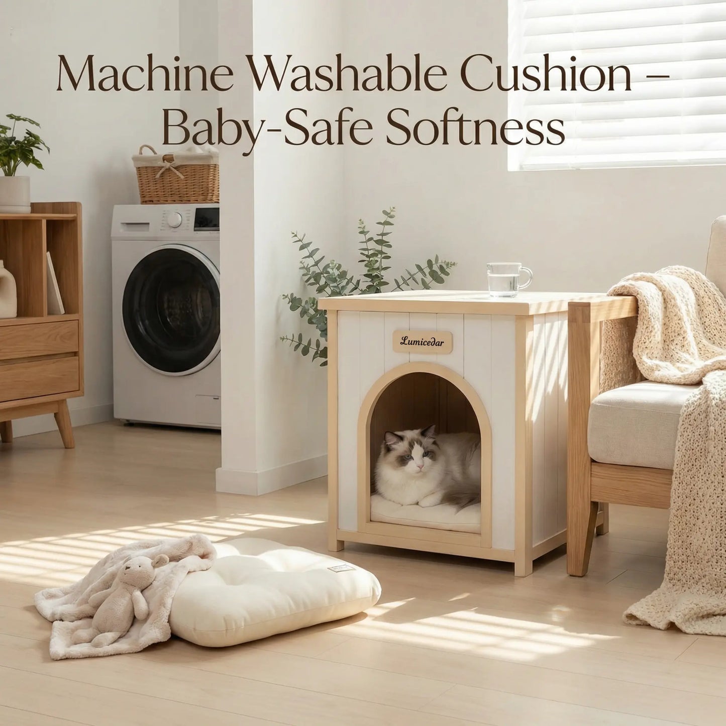 Indoor Wooden Dog House with Removable Cushion - Small Pet Shelter, Scandinavian Design