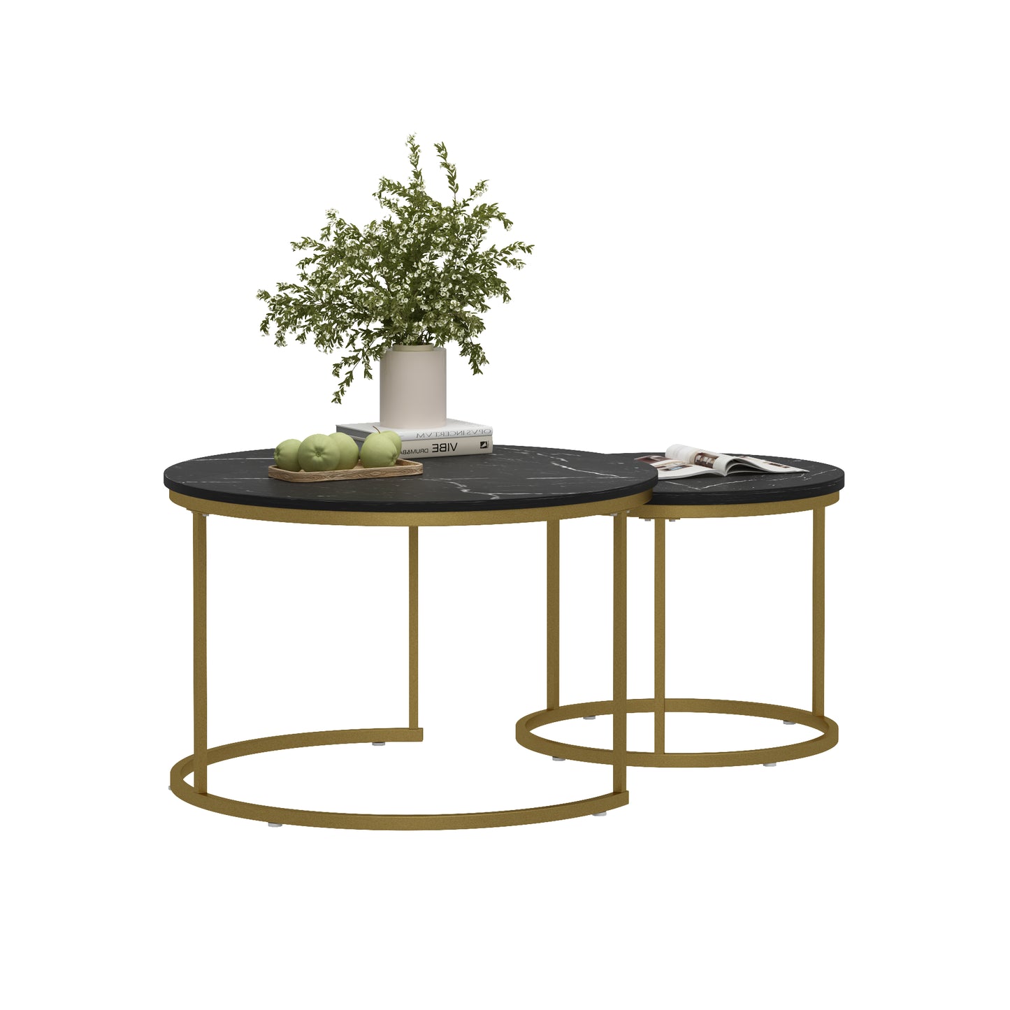 Nesting Coffee Table Set of 2 - Round Black+Gold Marble Top