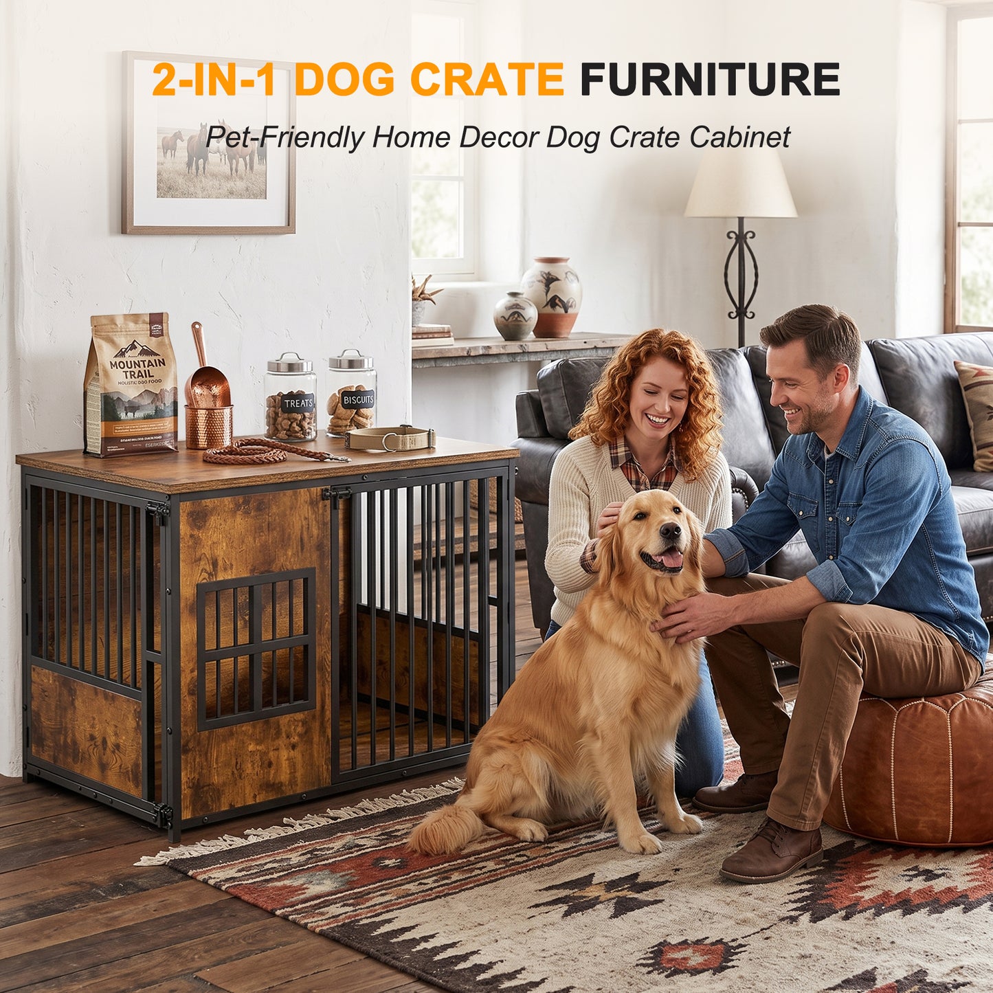 Large Wooden Dog Crate Furniture with Storage Top - Indoor Pet Kennel
