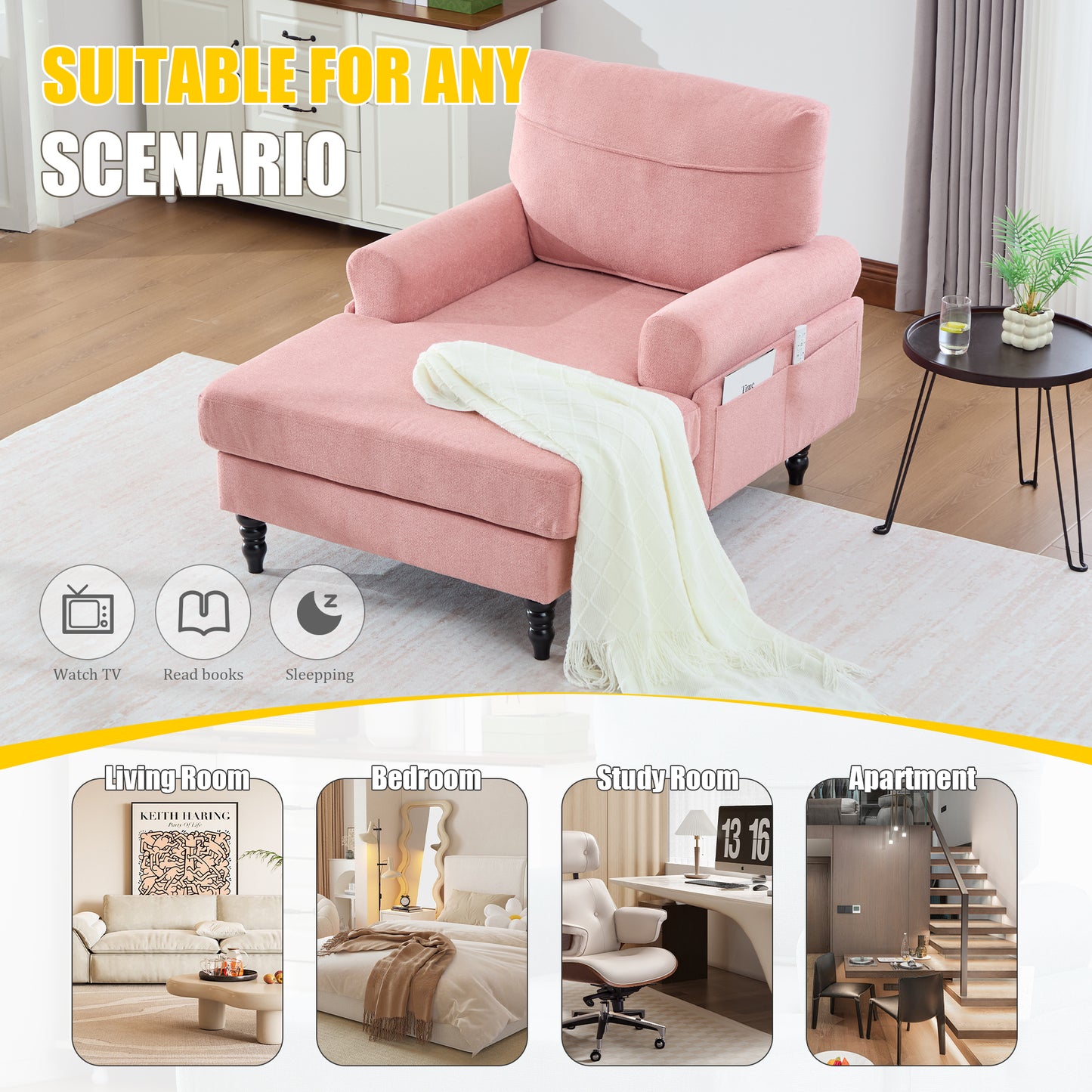 Modern Minimalist Chenille Fabric Chaise Lounge Recliner - Pink