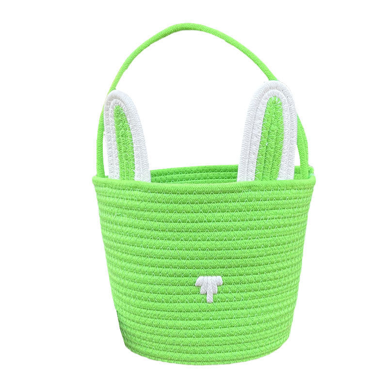 Easter Egg Handwoven Cotton Basket with Cartoon Rabbit Design – Multi-Color Storage Bag
