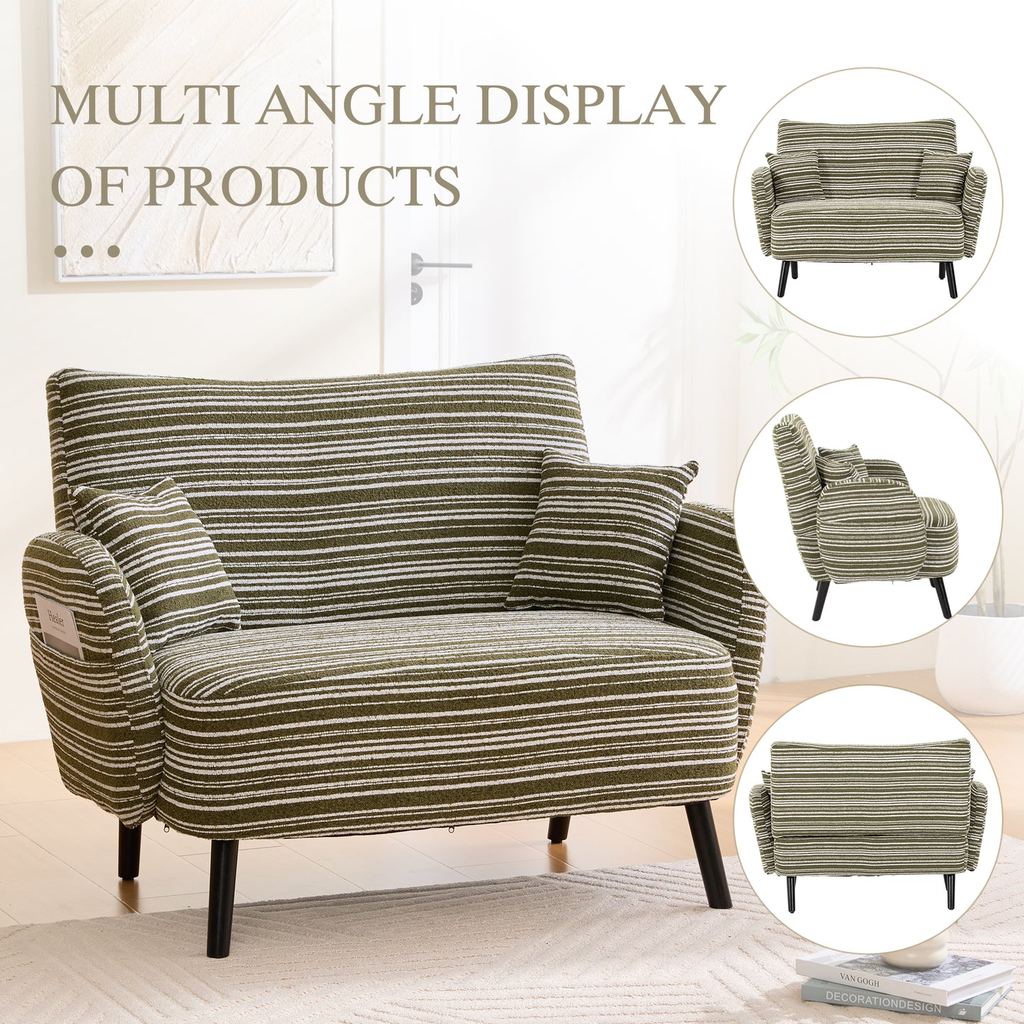 Modern Olive Green Two-Seater Sofa with Armrest Pillows & Storage