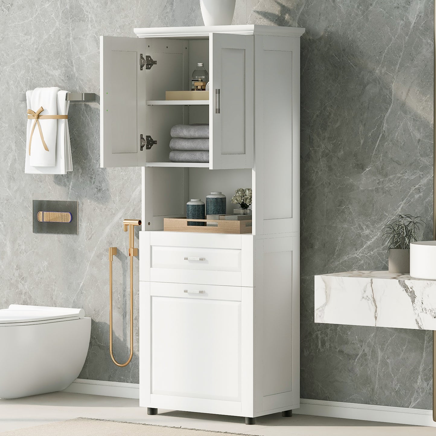 Tall Bathroom Cabinet with Laundry Basket - White Storage Unit