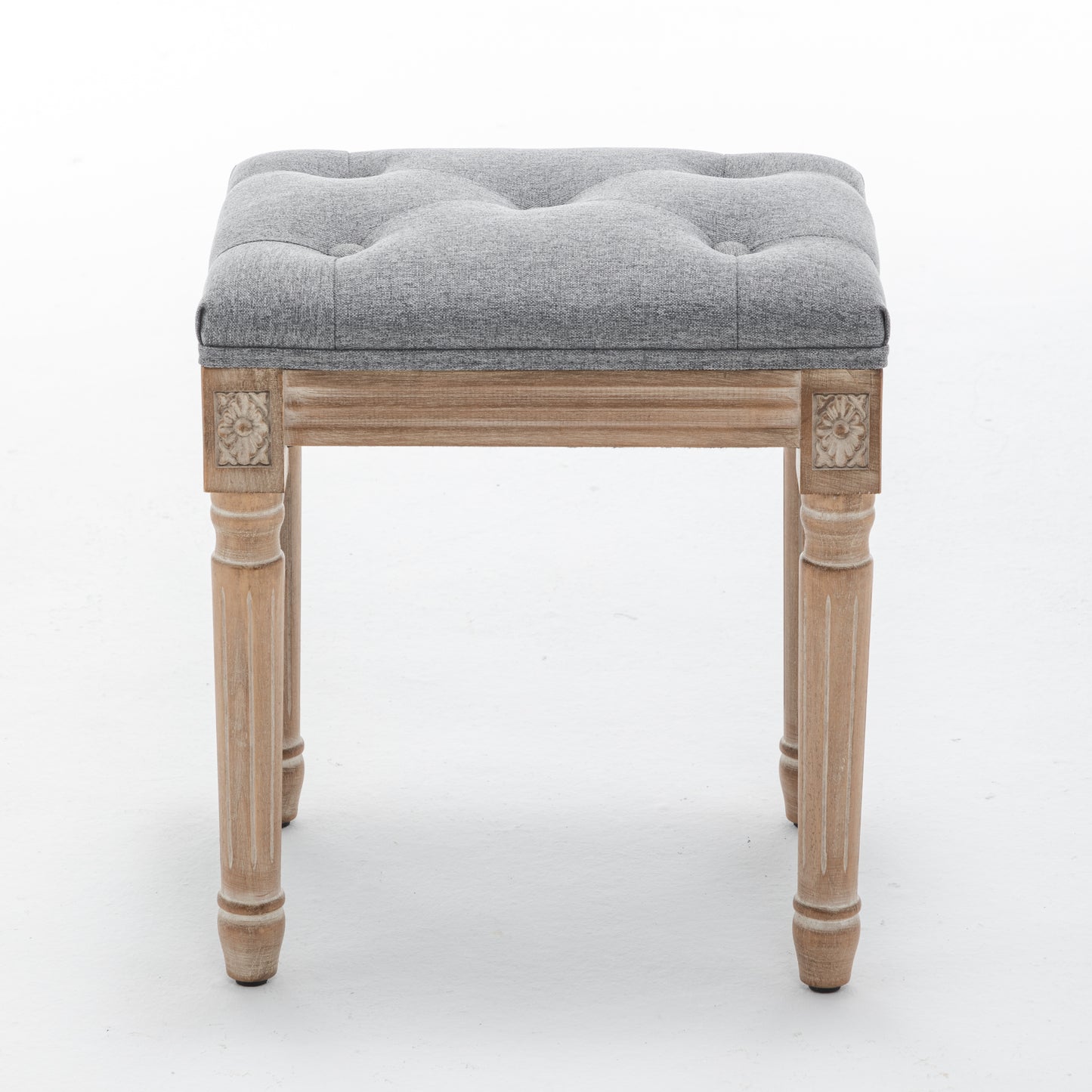 Grey Tufted Vanity Stool with Solid Wood Legs - Bedroom Bench