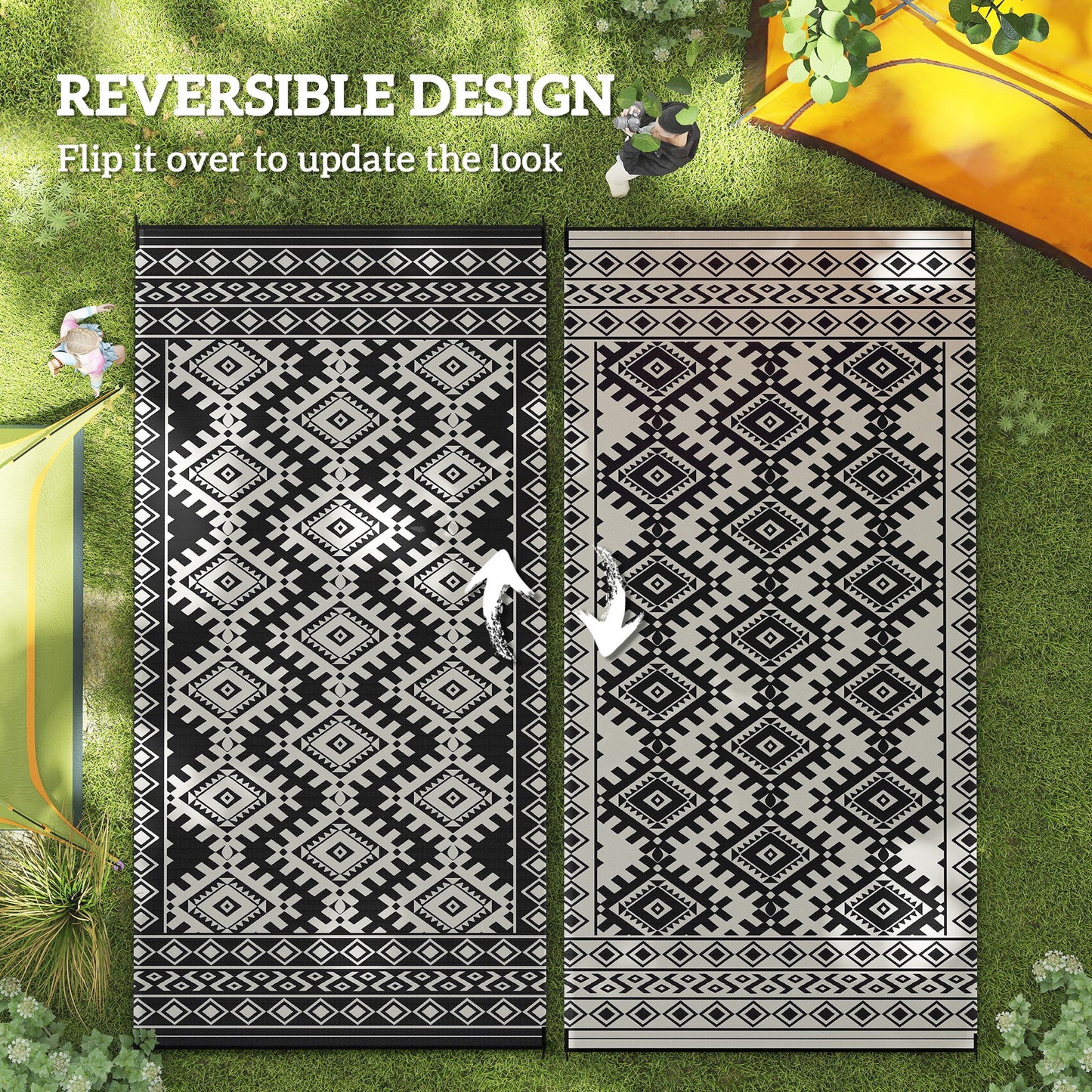 Reversible Waterproof Outdoor Rug - 9' x 18' Black & White Rhombus