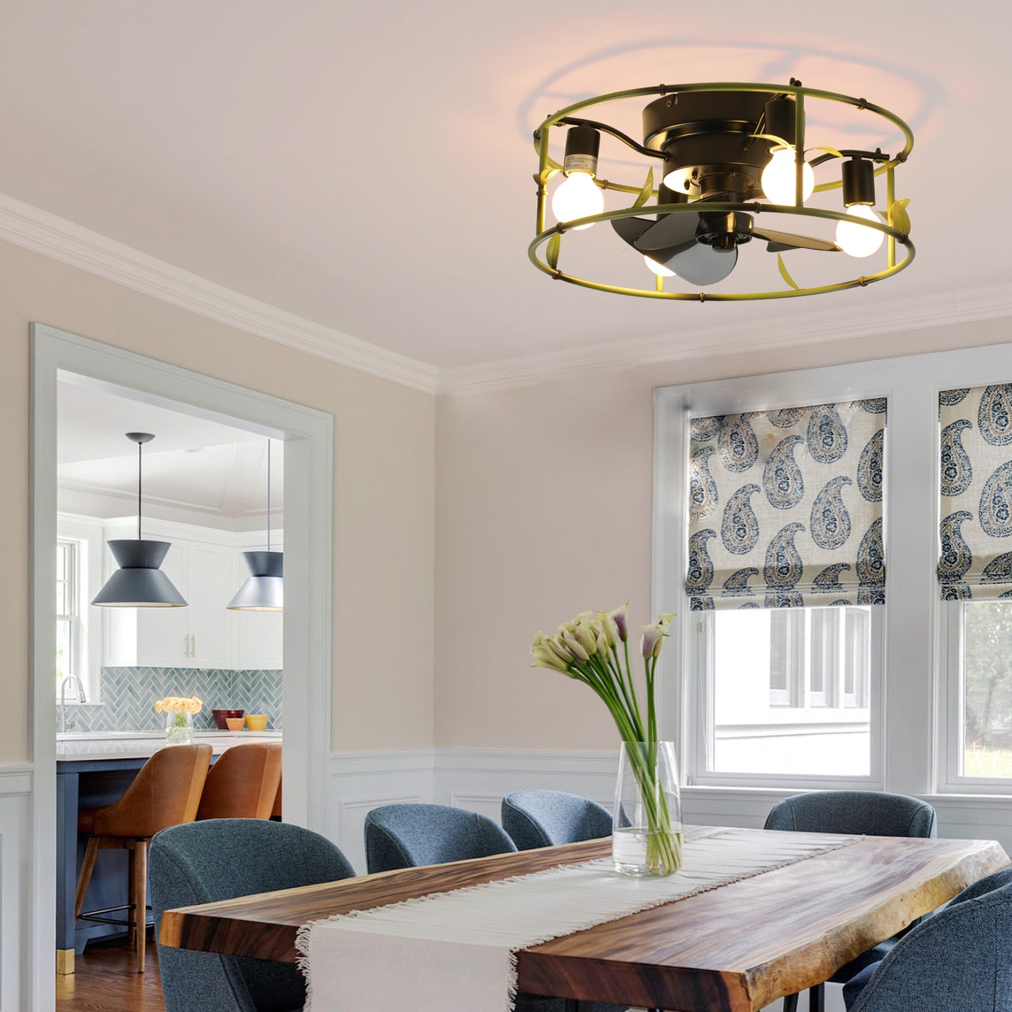 Industrial Ceiling Fan with Light - 3-Light Flush Mount Design