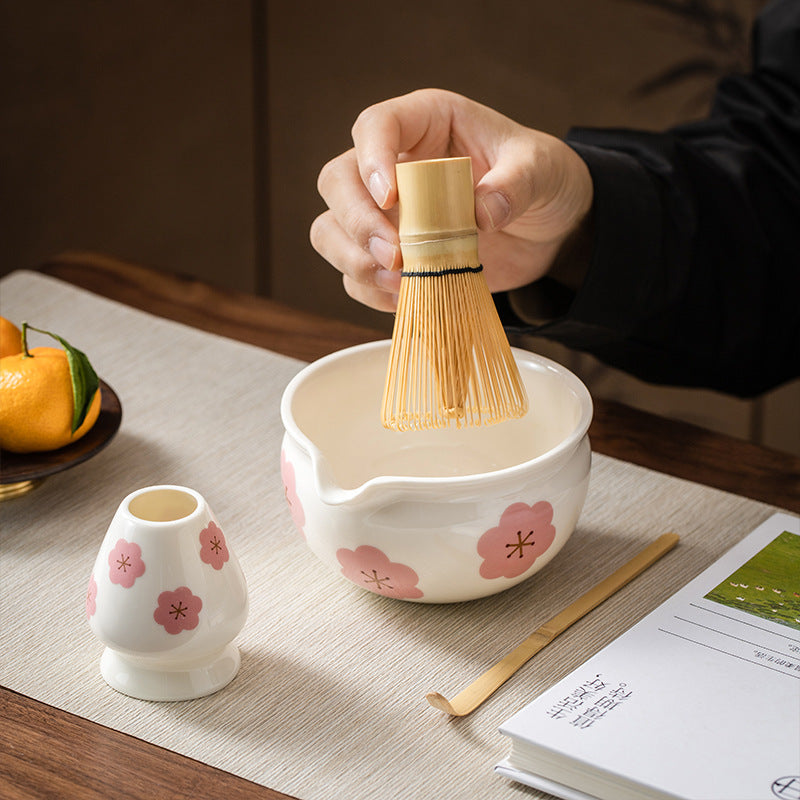 Ceramic Matcha Bowl Set Japanese Style Flower Pattern Home Barware