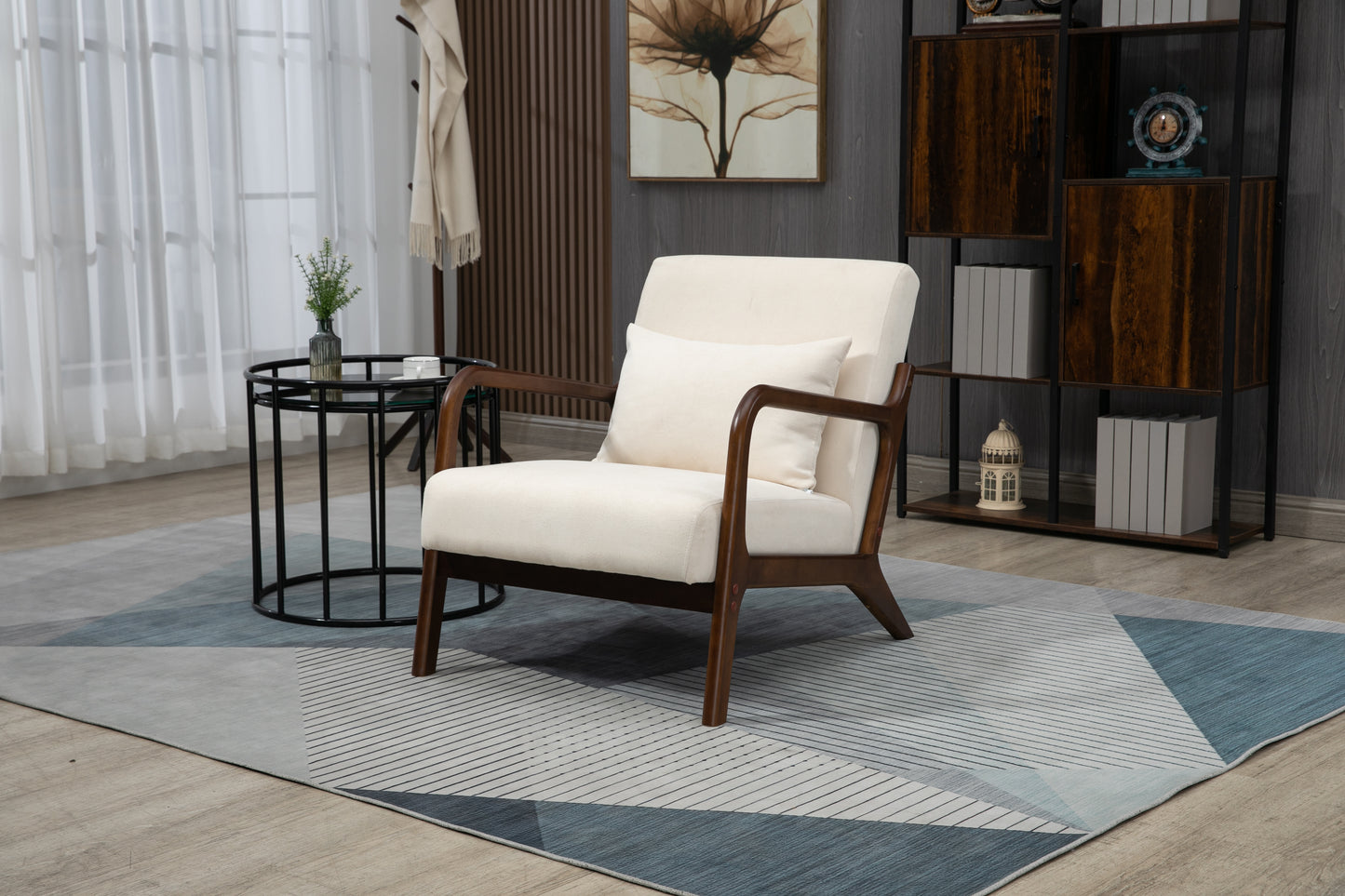 Mid Century Modern Accent Chair - Antique White Upholstered Armchair