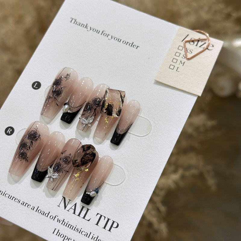 Handmade Long Camellia Press-On Nail Tips with Floral Bow Designs
