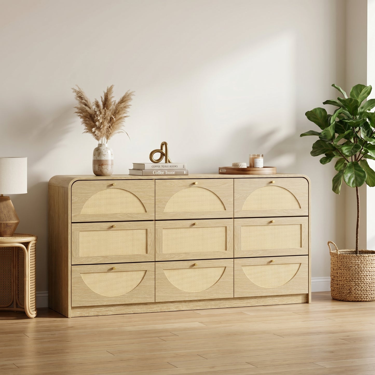 9-Drawer Rattan Dresser - Modern Walnut Storage Cabinet