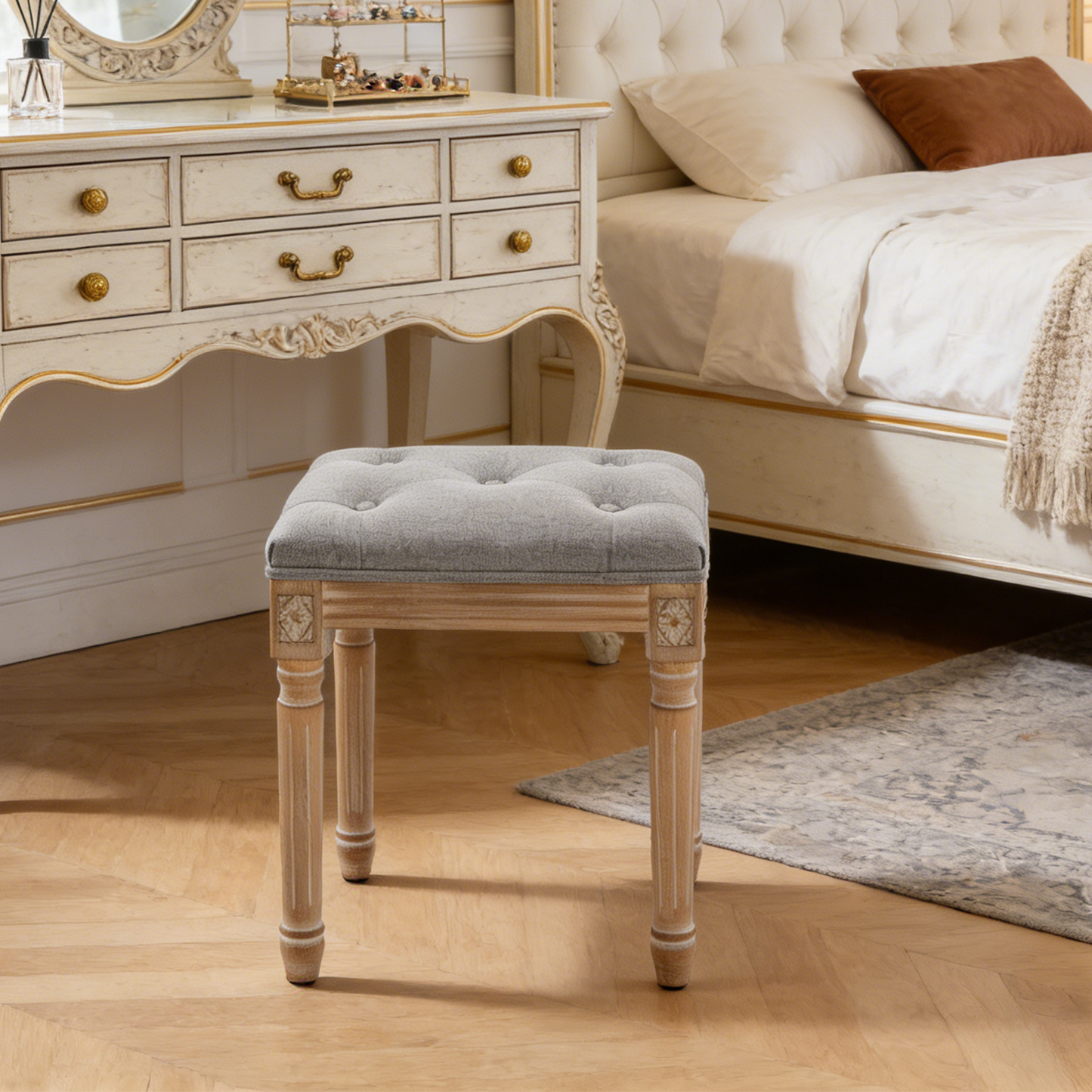 Grey Tufted Vanity Stool with Solid Wood Legs - Bedroom Bench