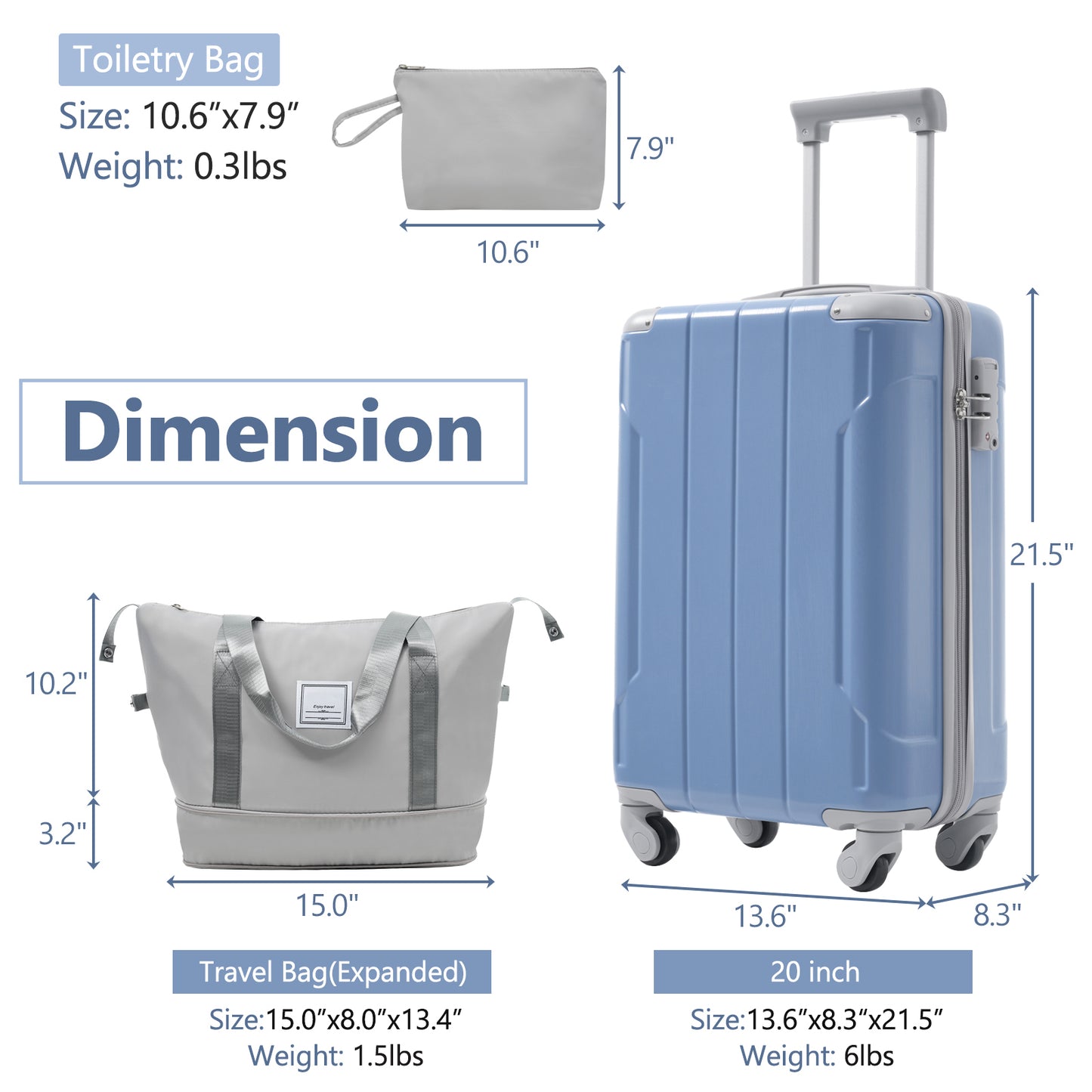 20 Inch Lightweight Carry-On Luggage Set with Spinner Wheels - Glacier Lake