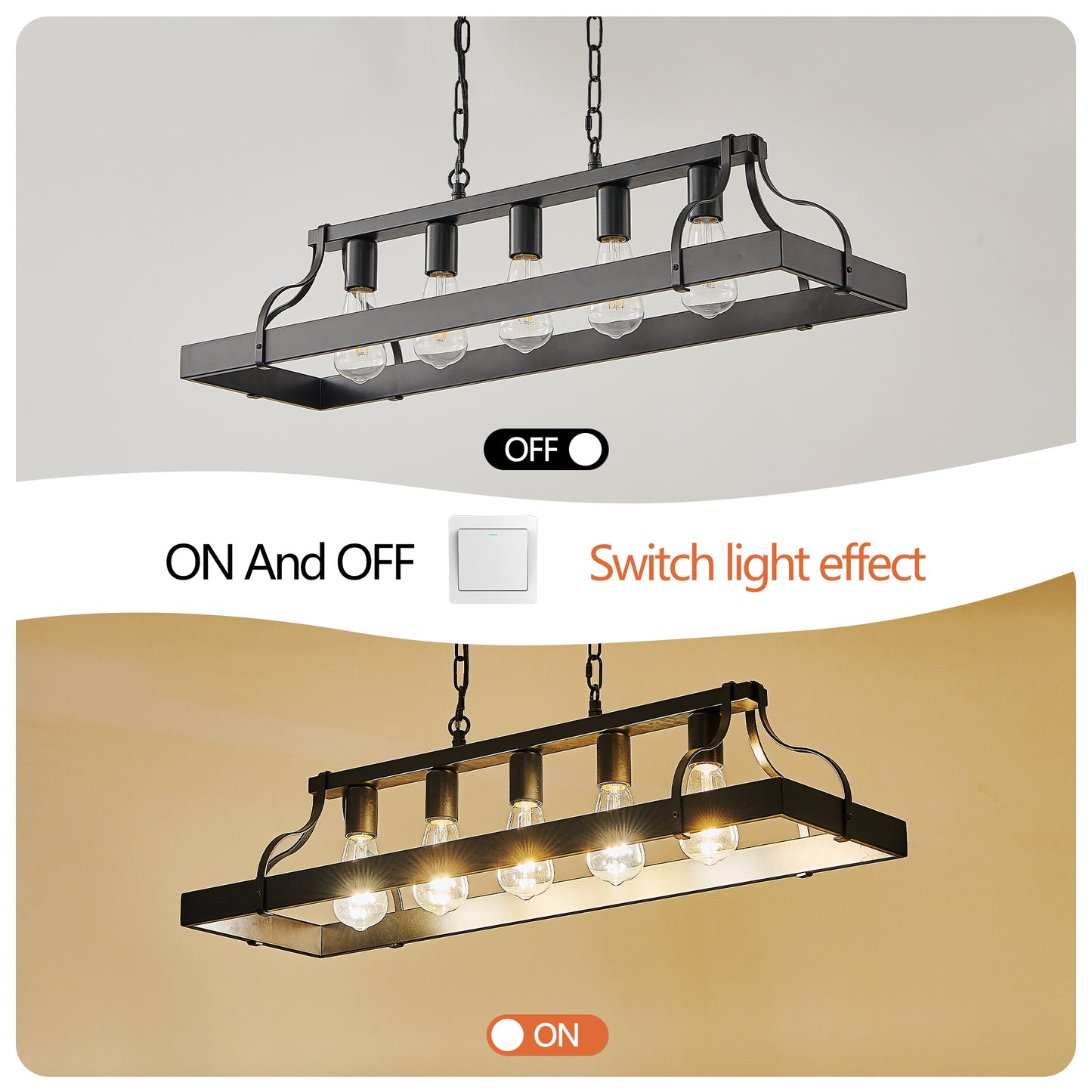 34-Inch Black Industrial Pendant Light with 5 E26 Sockets - Adjustable Height Chandelier