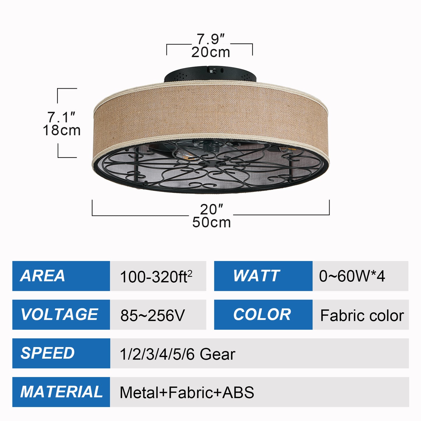 20-Inch Bladeless Ceiling Fan with Lights & Remote - Farmhouse Style