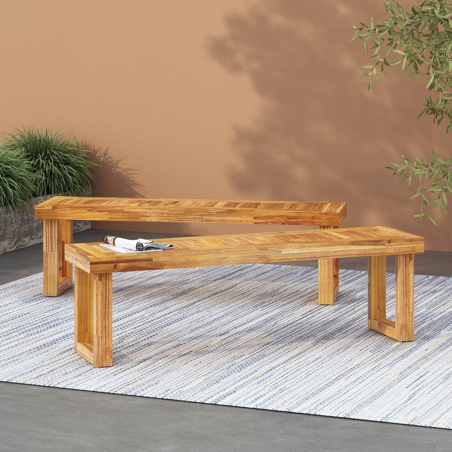 Nestor Natural Acacia Wood Bench Set of 2 - Outdoor Seating