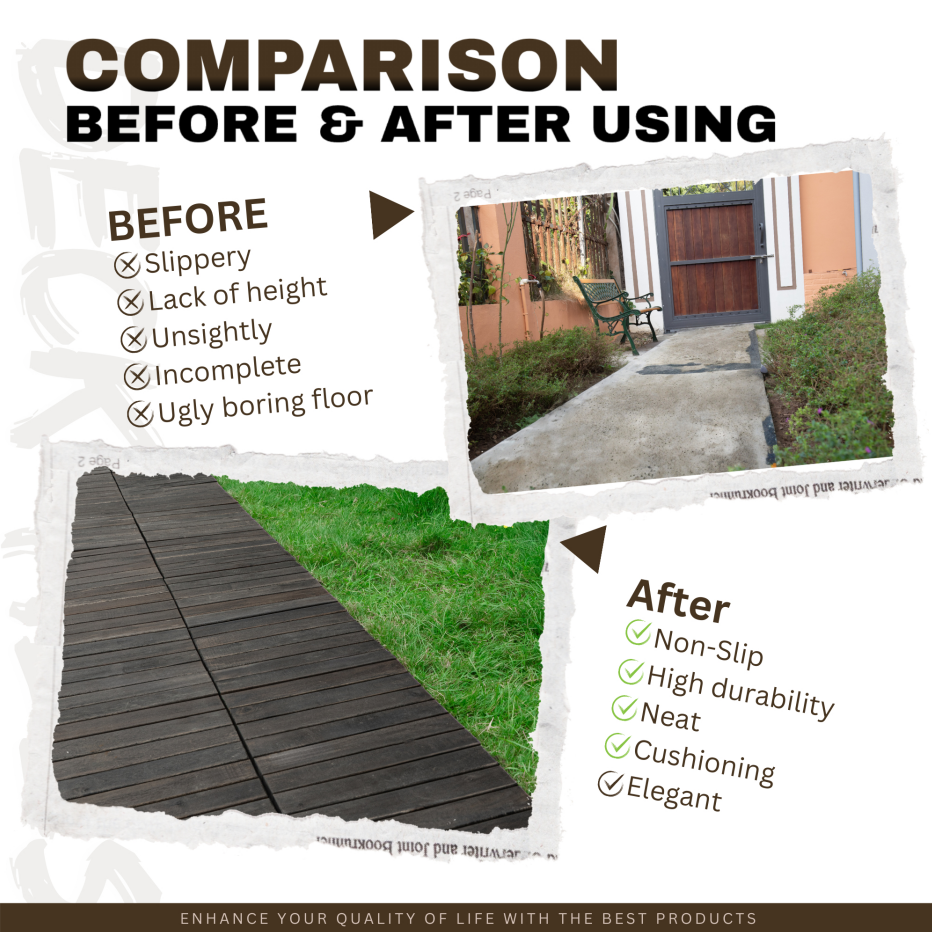 Interlocking Deck Tiles 12x12 Inch Dark Brown Acacia Hardwood Outdoor Flooring - Waterproof & Mold Resistant