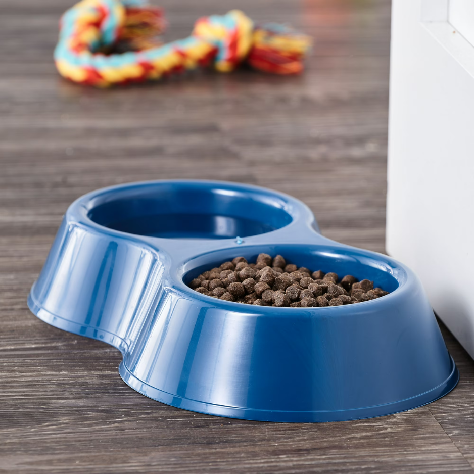 Pet Double Diner Bowl - Medium Blue, Food Safe & Dishwasher Safe
