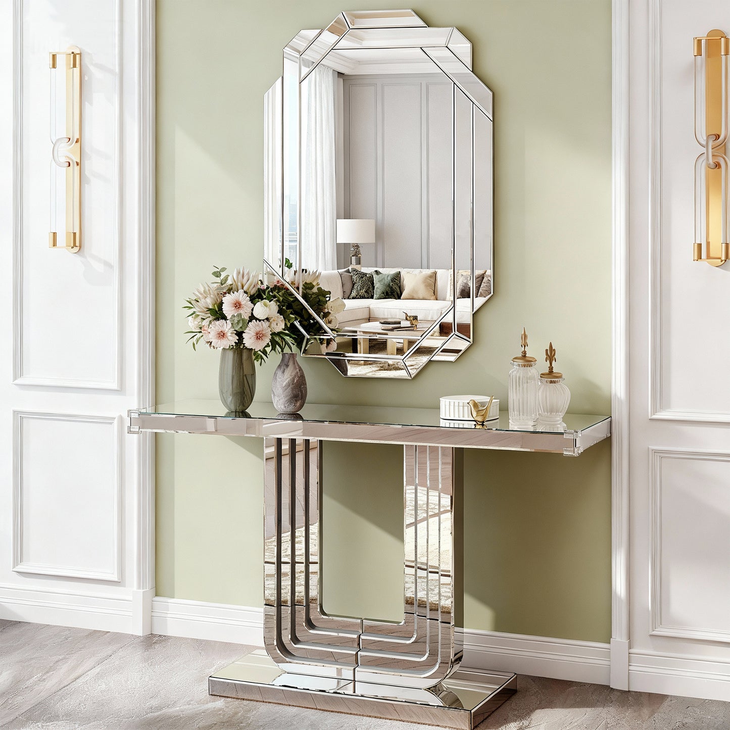 Silver Mirrored Console Table with U Base - 47 Inch
