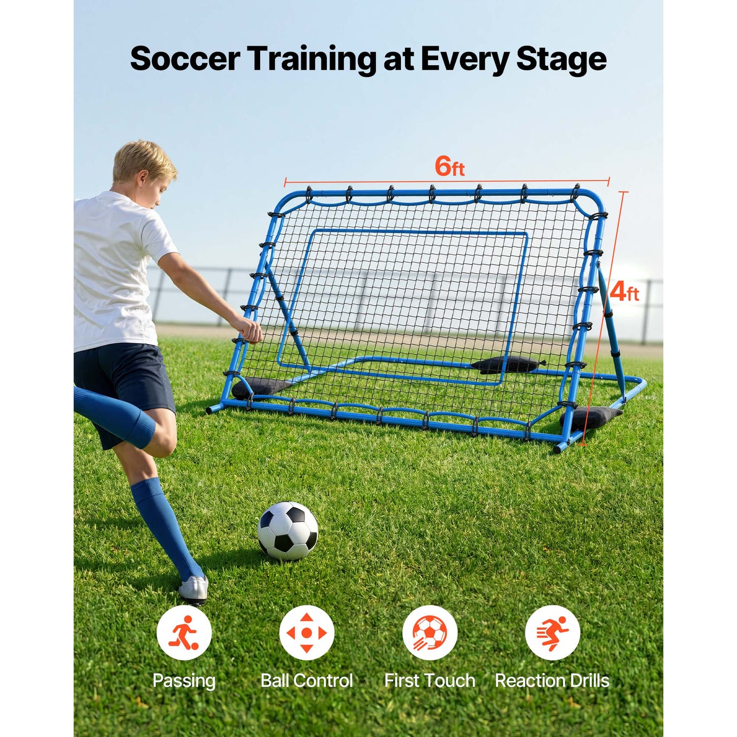 Soccer Rebounder Net for Training - Heavy-Duty Iron Frame & PE Net, 6x4 Ft