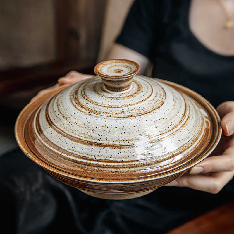 High Leg Ceramic Stoneware Bowl with Lid - 7.5 Inch Retro Dinnerware
