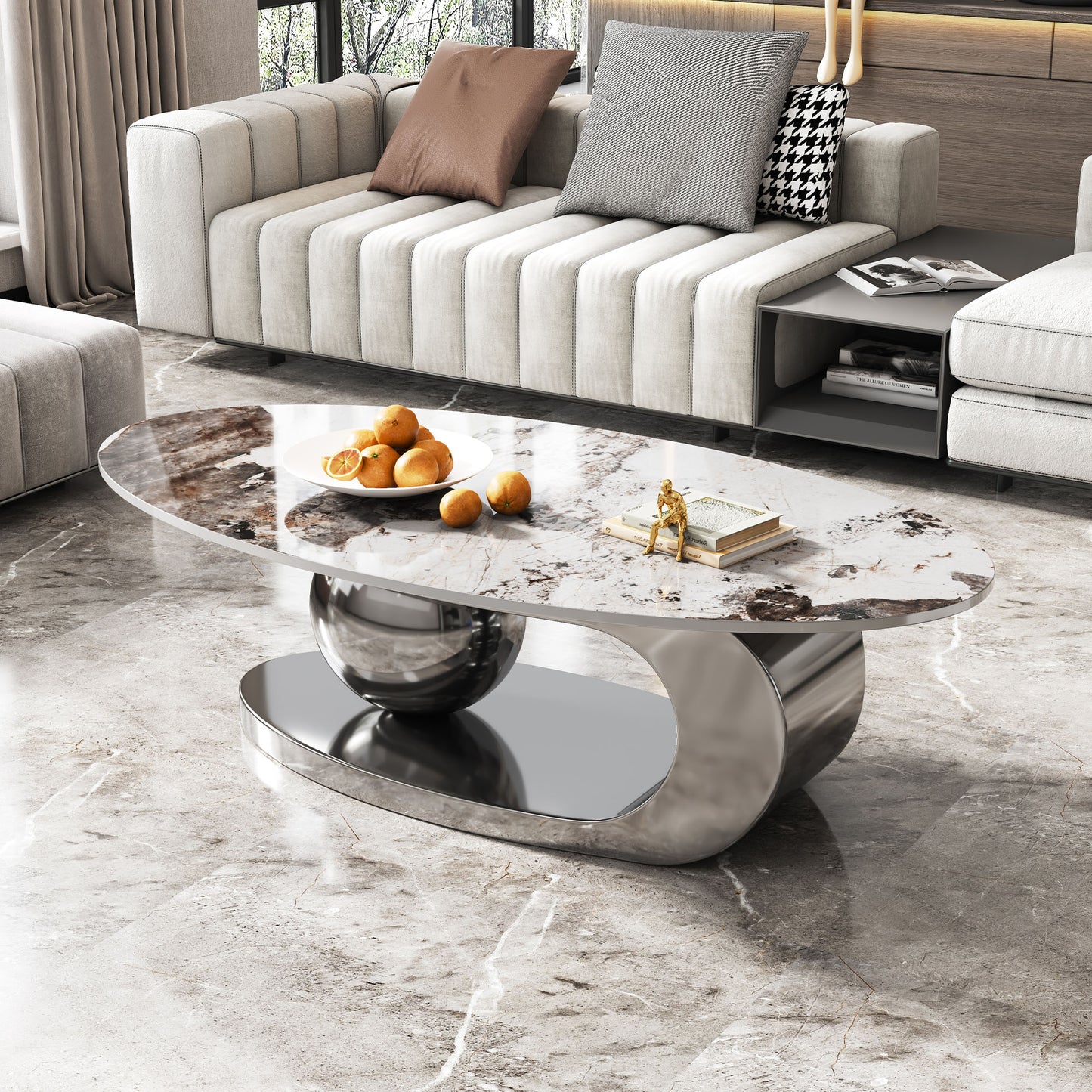 Oval Faux Marble Coffee Table with Stainless Steel Base - Gray White Multi