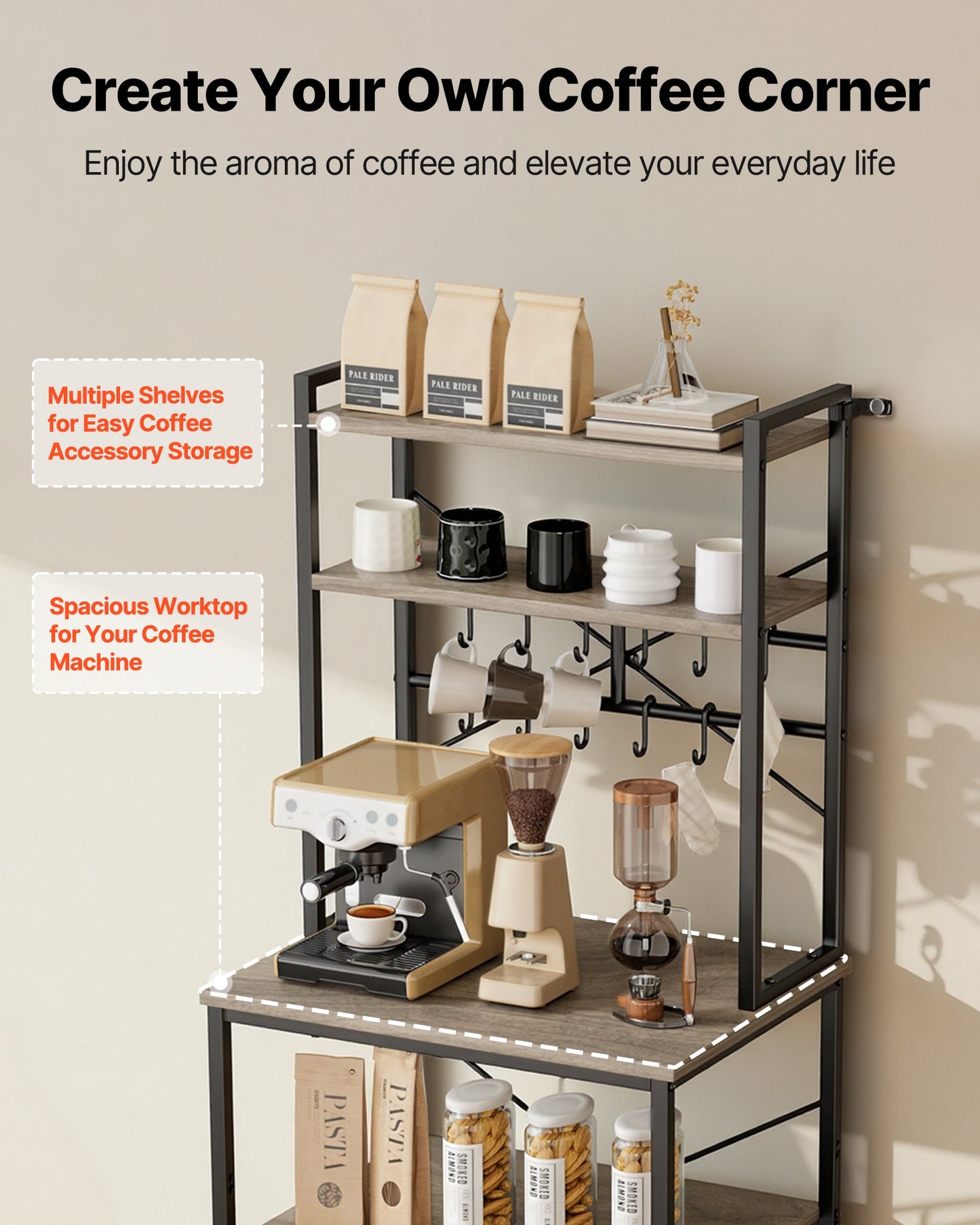 Kitchen Bakers Rack with X-Shaped Support and Hooks, 23.6 Inch Width, Black