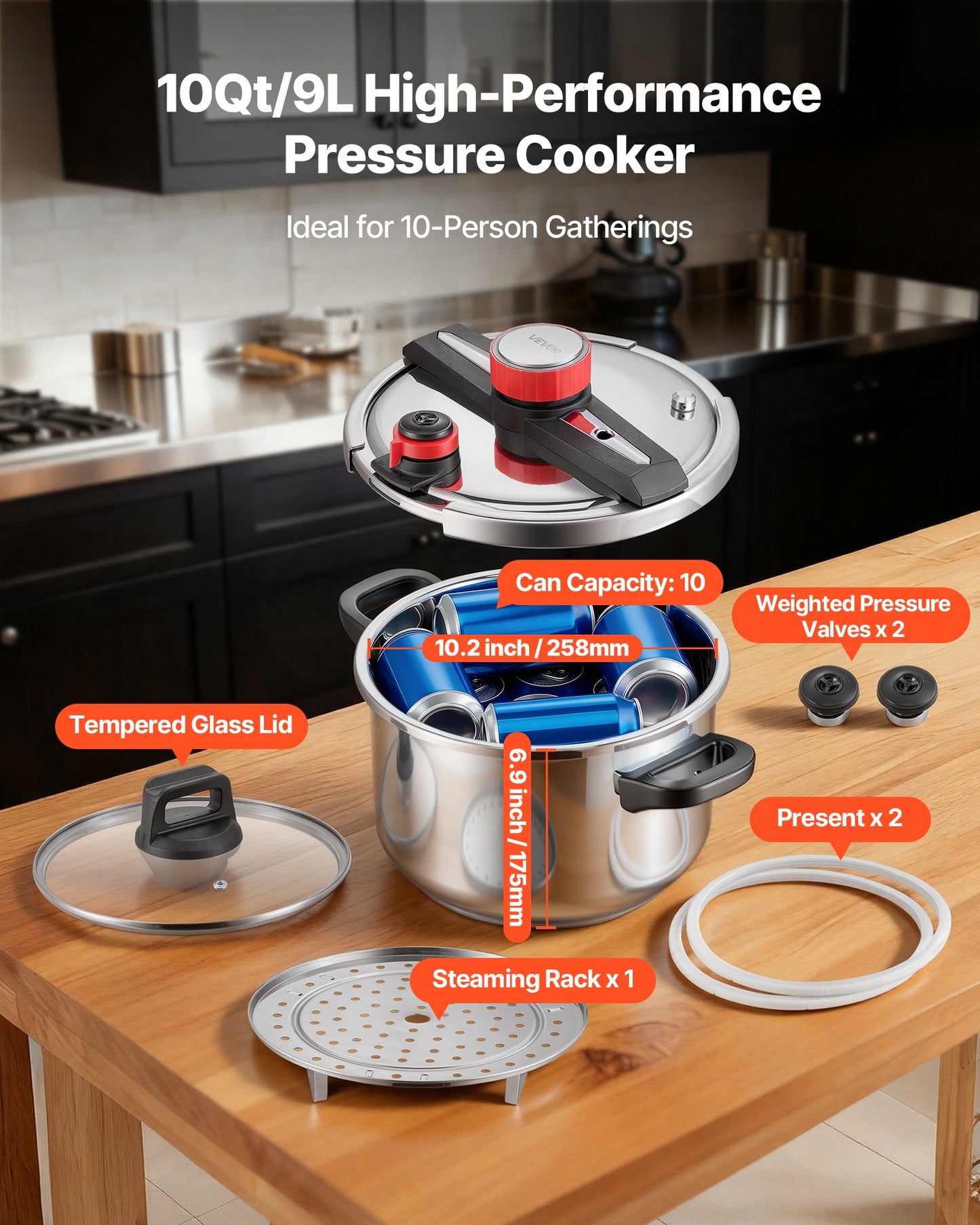 10Qt Stainless Steel Pressure Cooker with Steaming Rack - 3 Pressure Settings