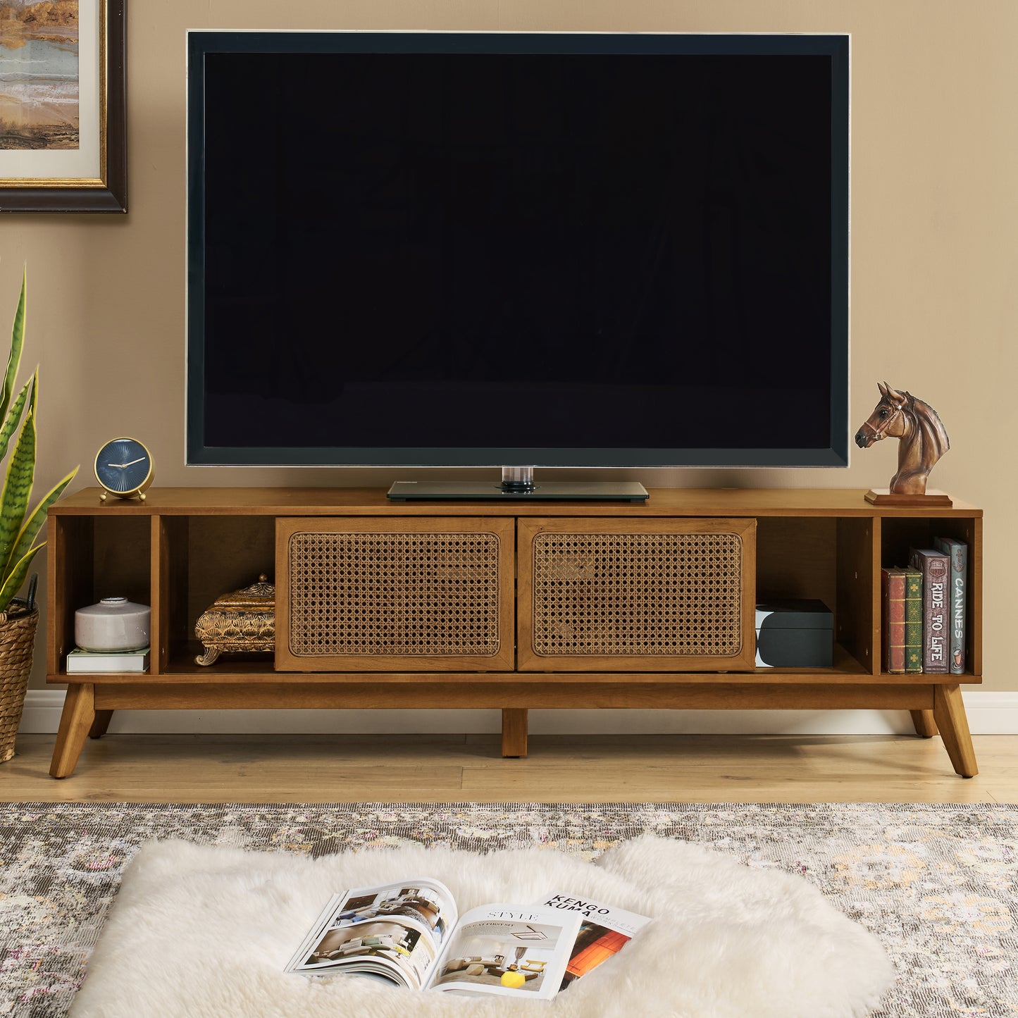 67.9-Inch Mid Century Modern Rattan TV Stand for TVs Up to 75" - Walnut Brown