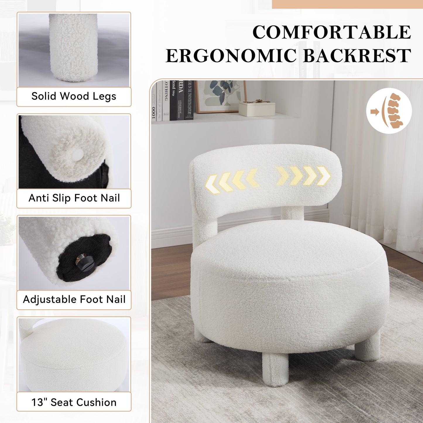 White Teddy Fabric Armless Accent Chair with Curved Backrest