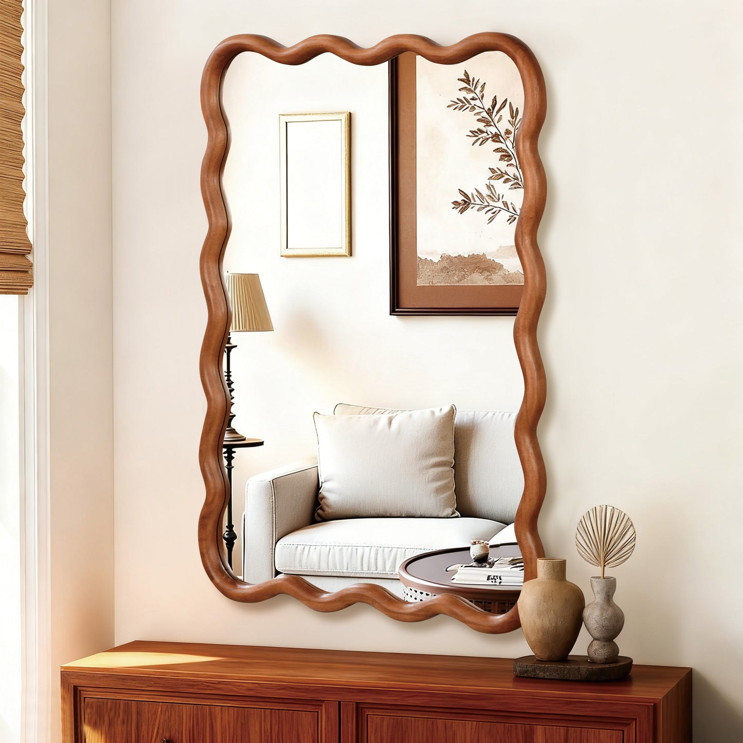 Wavy Rectangle Solid Wood Frame Decorative Mirror - Yellow Brown 24x36