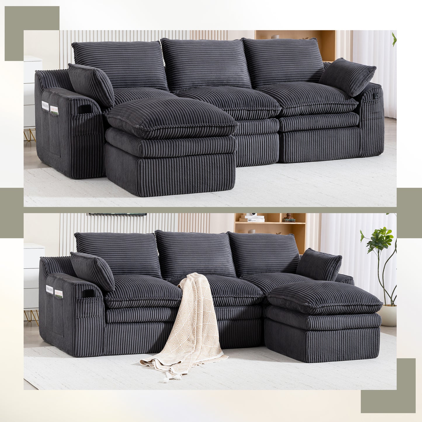 L Shaped Modular Sectional Sofa - Gray Corduroy with Footstool & Pillows