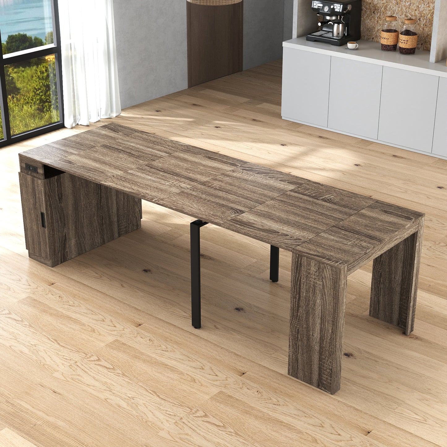 Modern Extendable Dining Table with Outlet & Storage - Brown